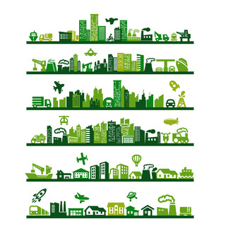 绿色城市环保建筑城市生活大厦高层公寓矢量图